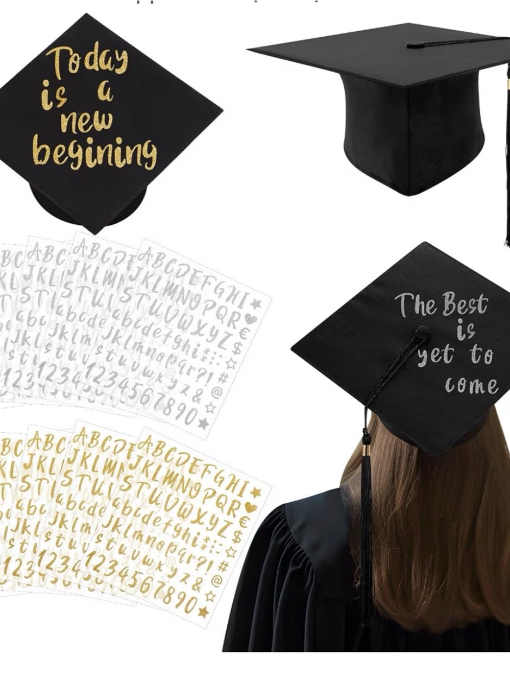 Customizable Black Graduation Cap with Gold & Silver Letter Stickers